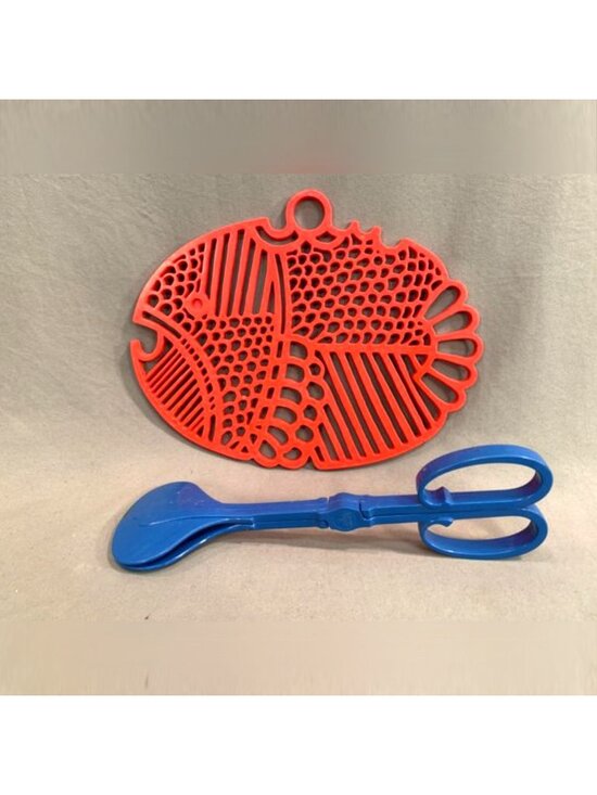 Dansk Other - Vintage Dansk Kitchen Lot - Red Fish Trivet by Gunnar Cyrén + Blue Melamine Tong